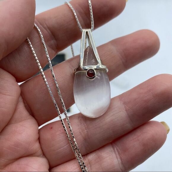 Selenite And Garnet Pendant on Diamond Cut Box Chain - Picture 3 of 4